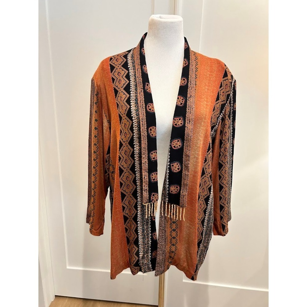 Vintage Earthy Geometric‎ Pattern Beaded Fringe Open Front Top M Boho Earthy